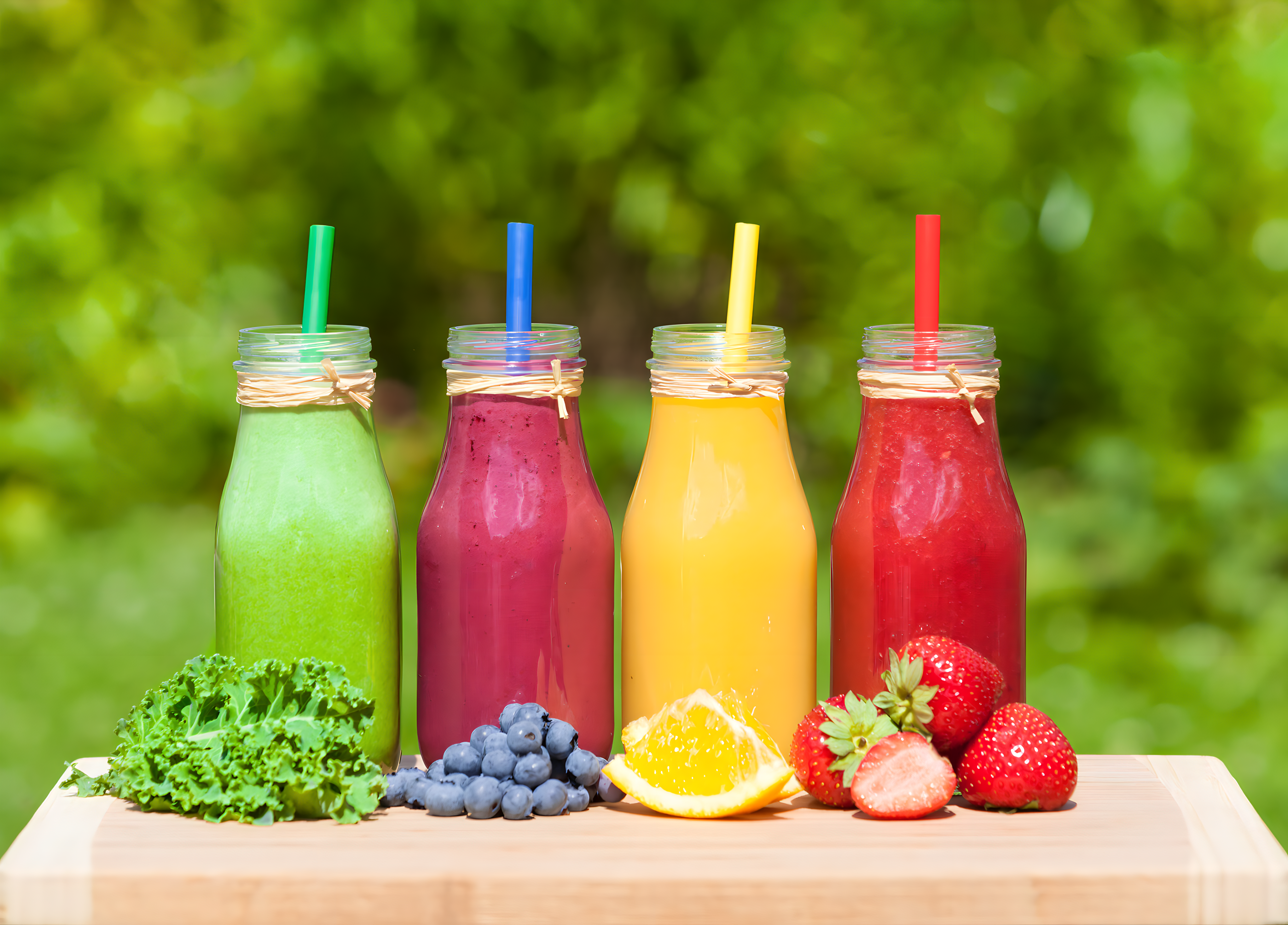 Colored smoothie picture with fruits; kale; blueberry; orange; strawberry